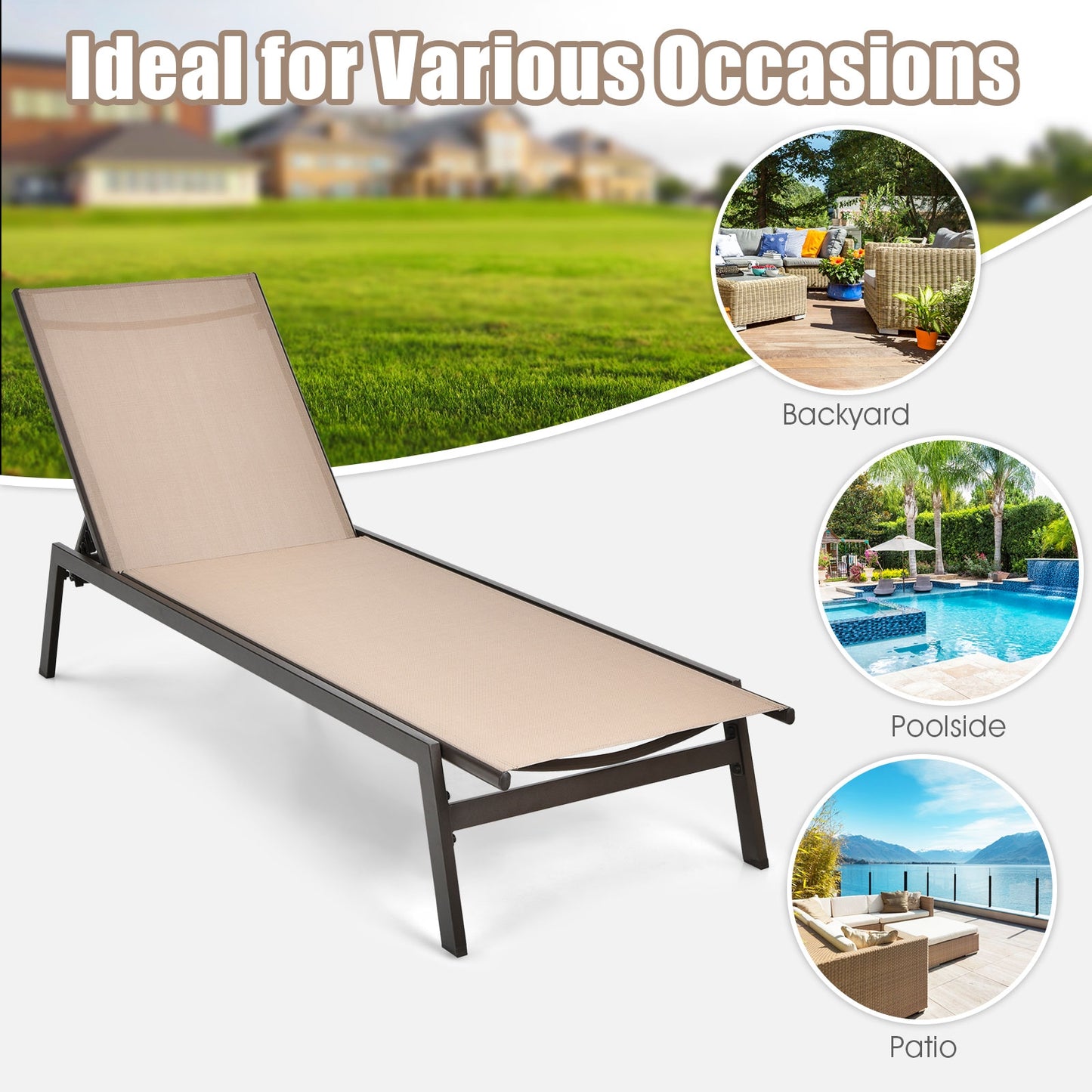 Outdoor Reclining Chaise Lounge Chair with 6-Position Adjustable Back, Brown Outdoor Chaise Lounges at Gallery Canada