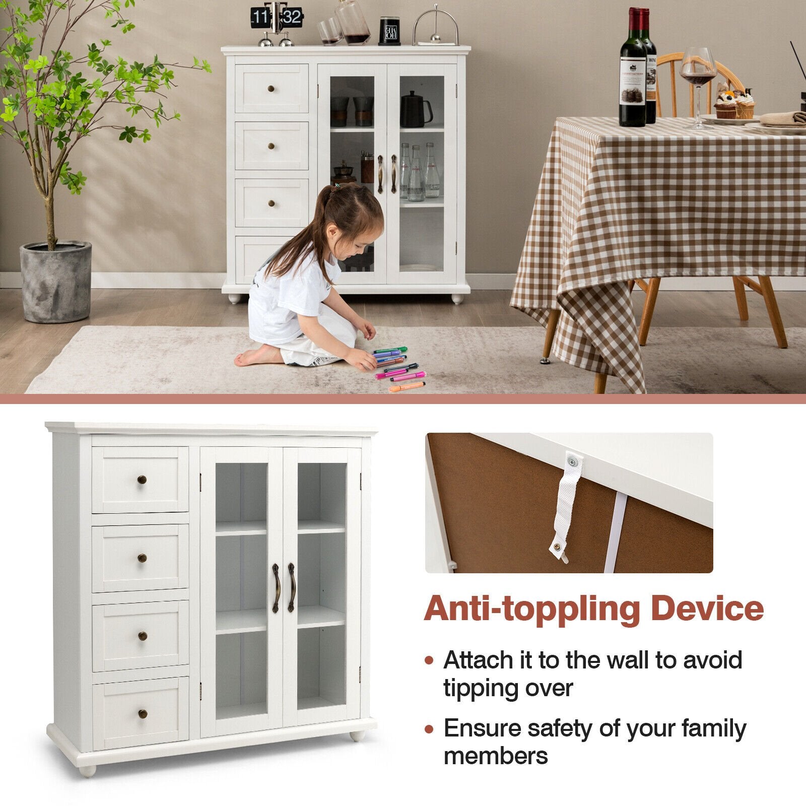 Buffet Sideboard Table Kitchen Storage Cabinet with Drawers and Doors, White - Gallery Canada