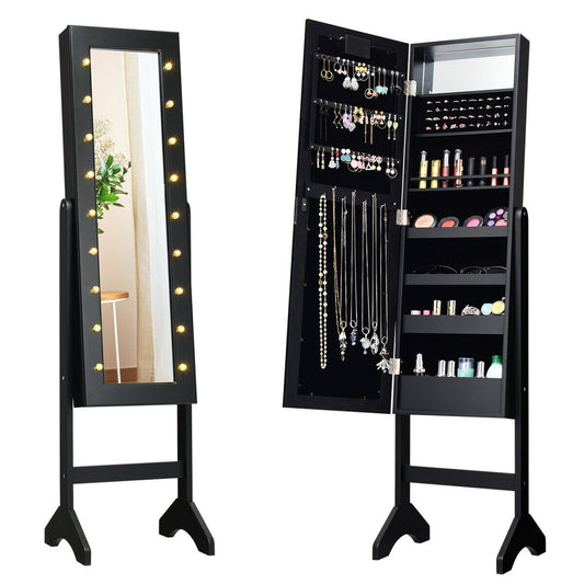 Mirrored Jewelry Cabinet Armoire Organizer w/ LED lights, Black - Gallery Canada
