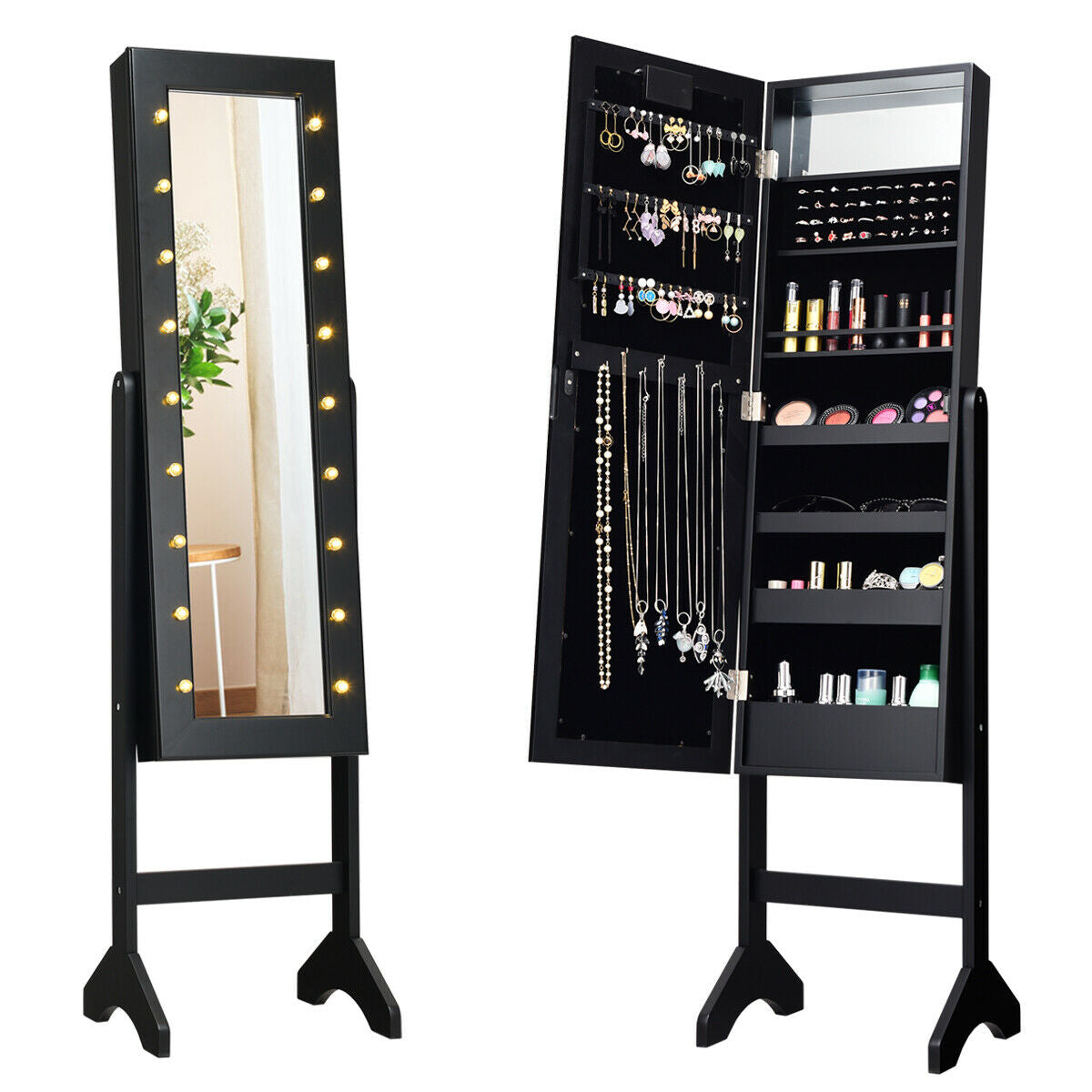 Mirrored Jewelry Cabinet Armoire Organizer w/ LED lights, Black Jewelry Armoires Black at Gallery Canada