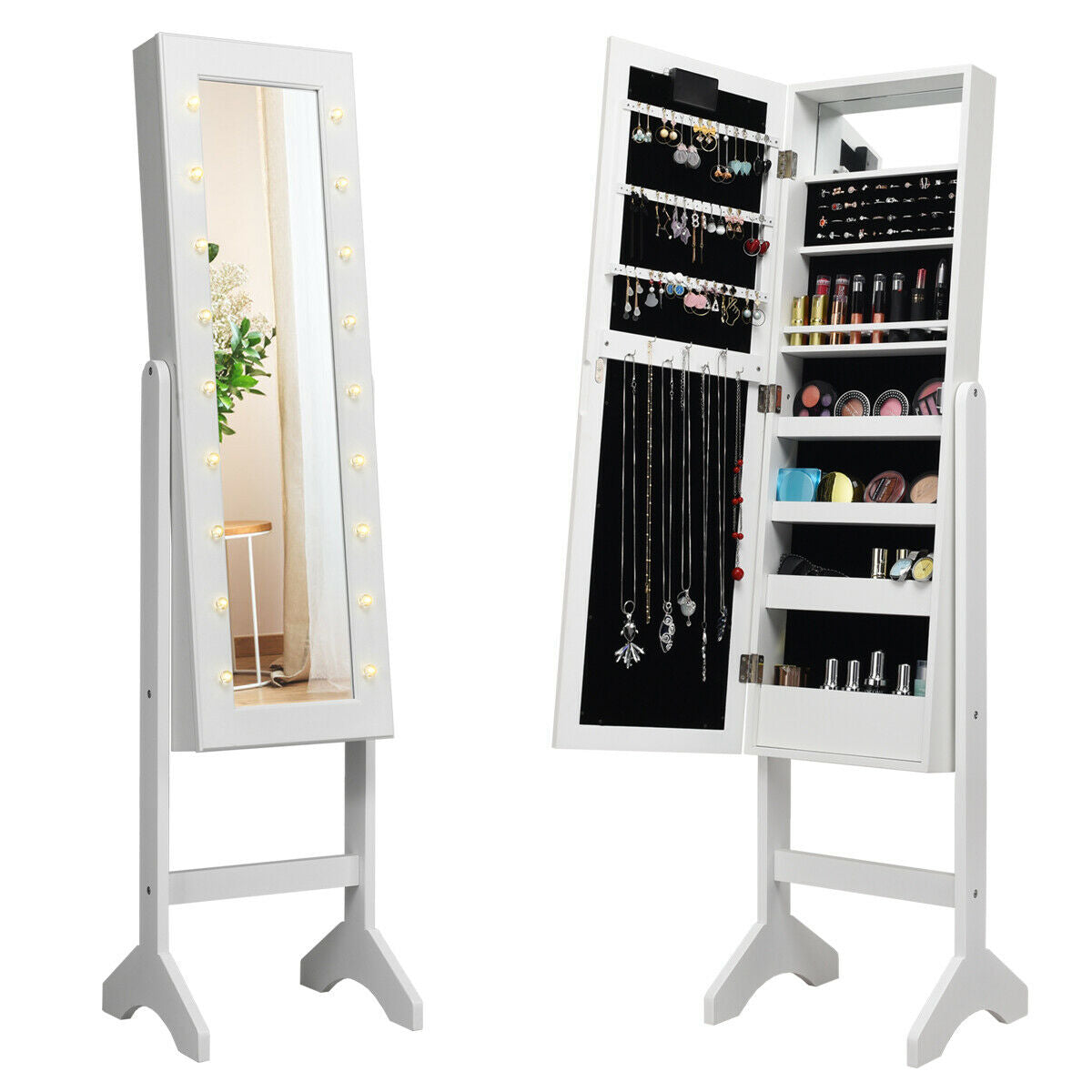 Mirrored Jewelry Cabinet Armoire Organizer w/ LED lights, White Jewelry Armoires White at Gallery Canada
