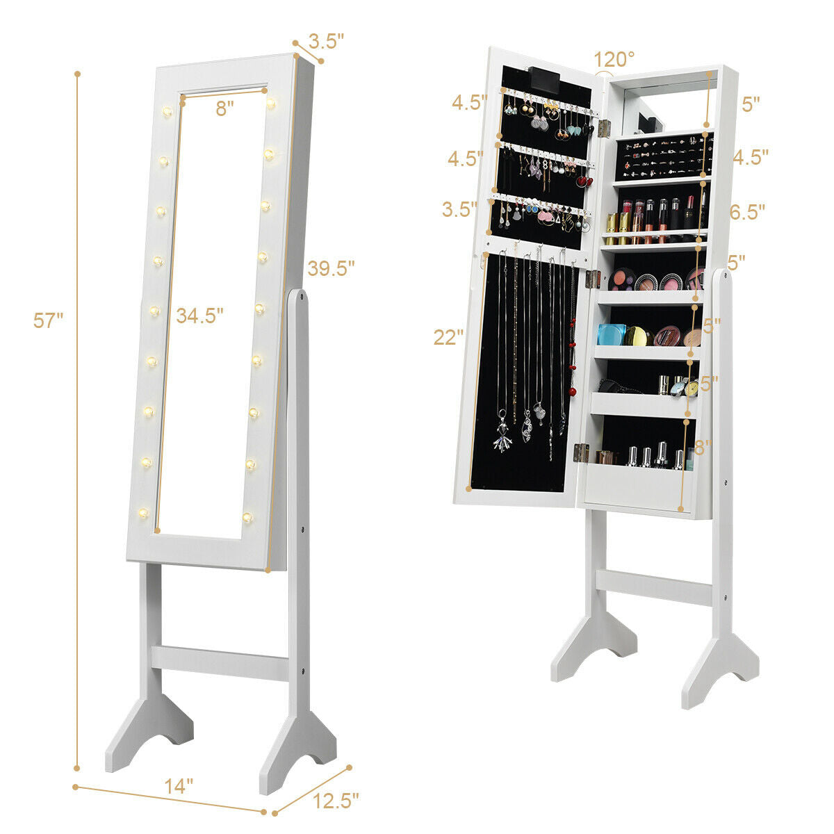 Mirrored Jewelry Cabinet Armoire Organizer w/ LED lights, White Jewelry Armoires at Gallery Canada