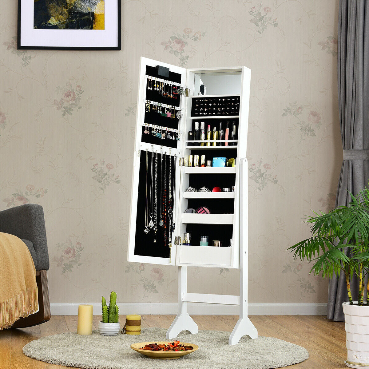 Mirrored Jewelry Cabinet Armoire Organizer w/ LED lights, White Jewelry Armoires at Gallery Canada