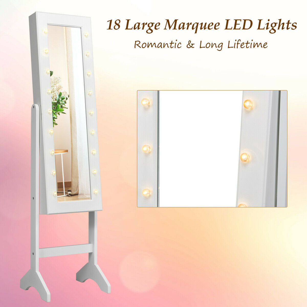 Mirrored Jewelry Cabinet Armoire Organizer w/ LED lights, White Jewelry Armoires at Gallery Canada