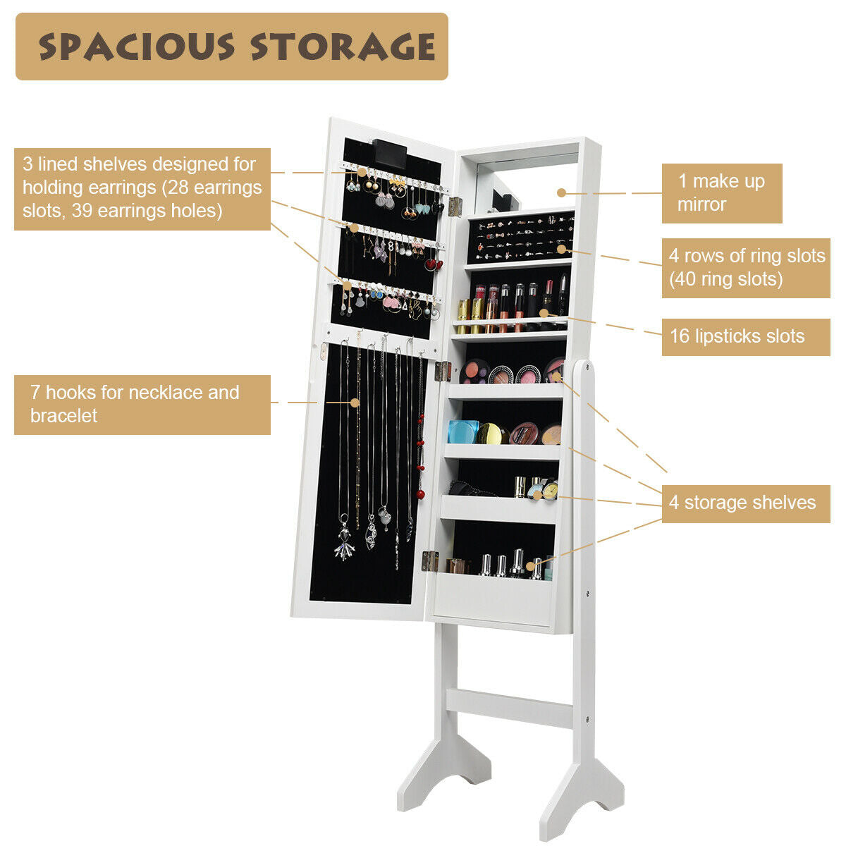 Mirrored Jewelry Cabinet Armoire Organizer w/ LED lights, White Jewelry Armoires at Gallery Canada