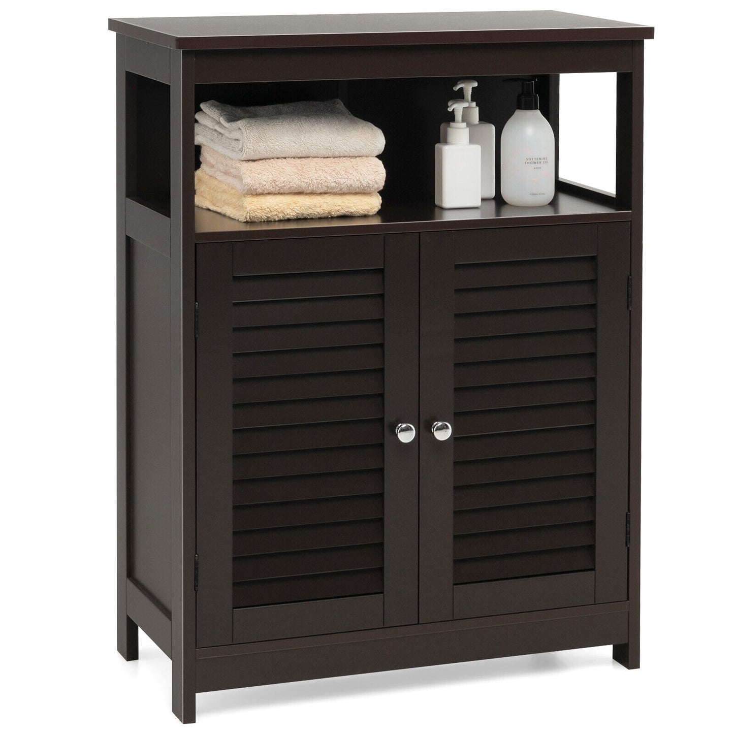Wood Freestanding Bathroom Storage Cabinet with Double Shutter Door, Brown Floor Cabinets Brown at Gallery Canada