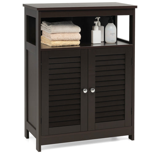 Wood Freestanding Bathroom Storage Cabinet, Double Shutter Door, Brown