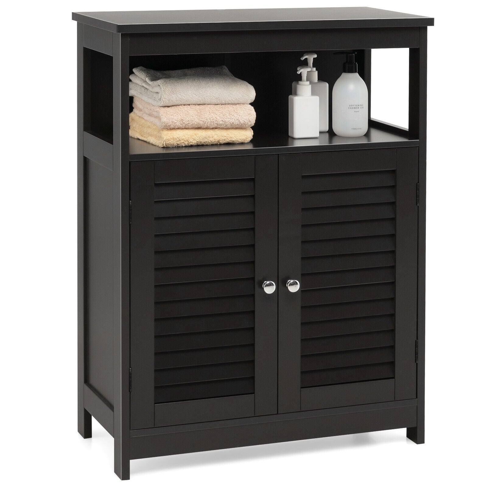 Wood Freestanding Bathroom Storage Cabinet with Double Shutter Door, Black Floor Cabinets Black at Gallery Canada