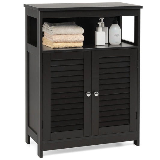 Wood Freestanding Bathroom Storage Cabinet with Double Shutter Door, Black Floor Cabinets Black at Gallery Canada