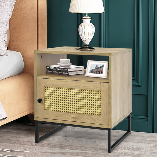 Wooden Side End Table with Cabinet and Rattan Decorated Door, Natural - Gallery Canada