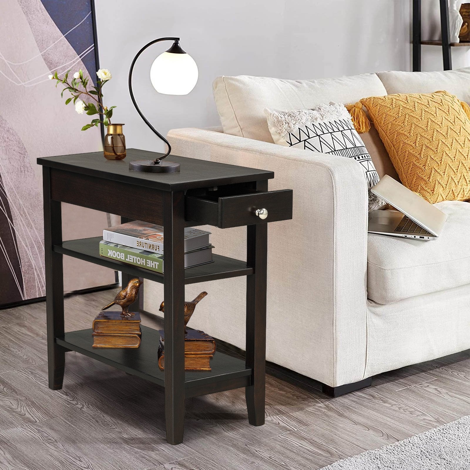 Side End Table with Drawer and 2-Tier Open Storage Shelves for Space Saving, Brown - Gallery Canada