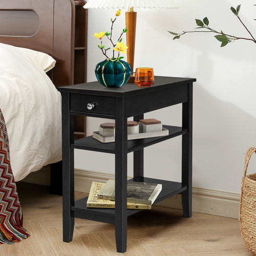Side End Table with Drawer and 2-Tier Open Storage Shelves for Space Saving, Black