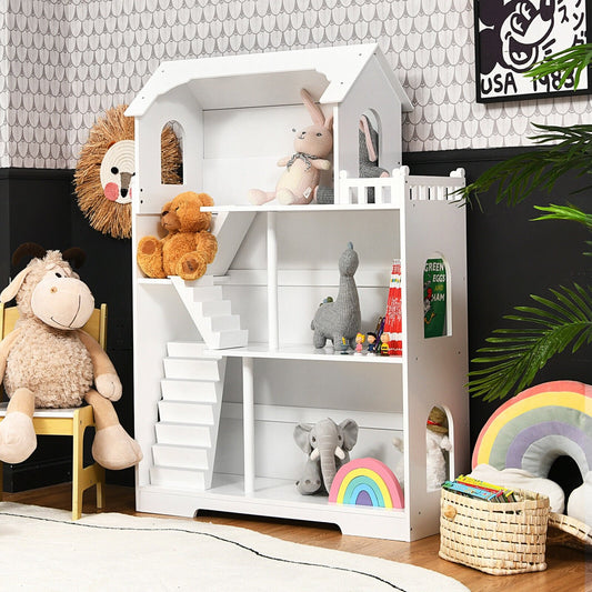 Kids Wooden Dollhouse Bookshelf with Anti-Tip Design and Storage Space, White - Gallery Canada
