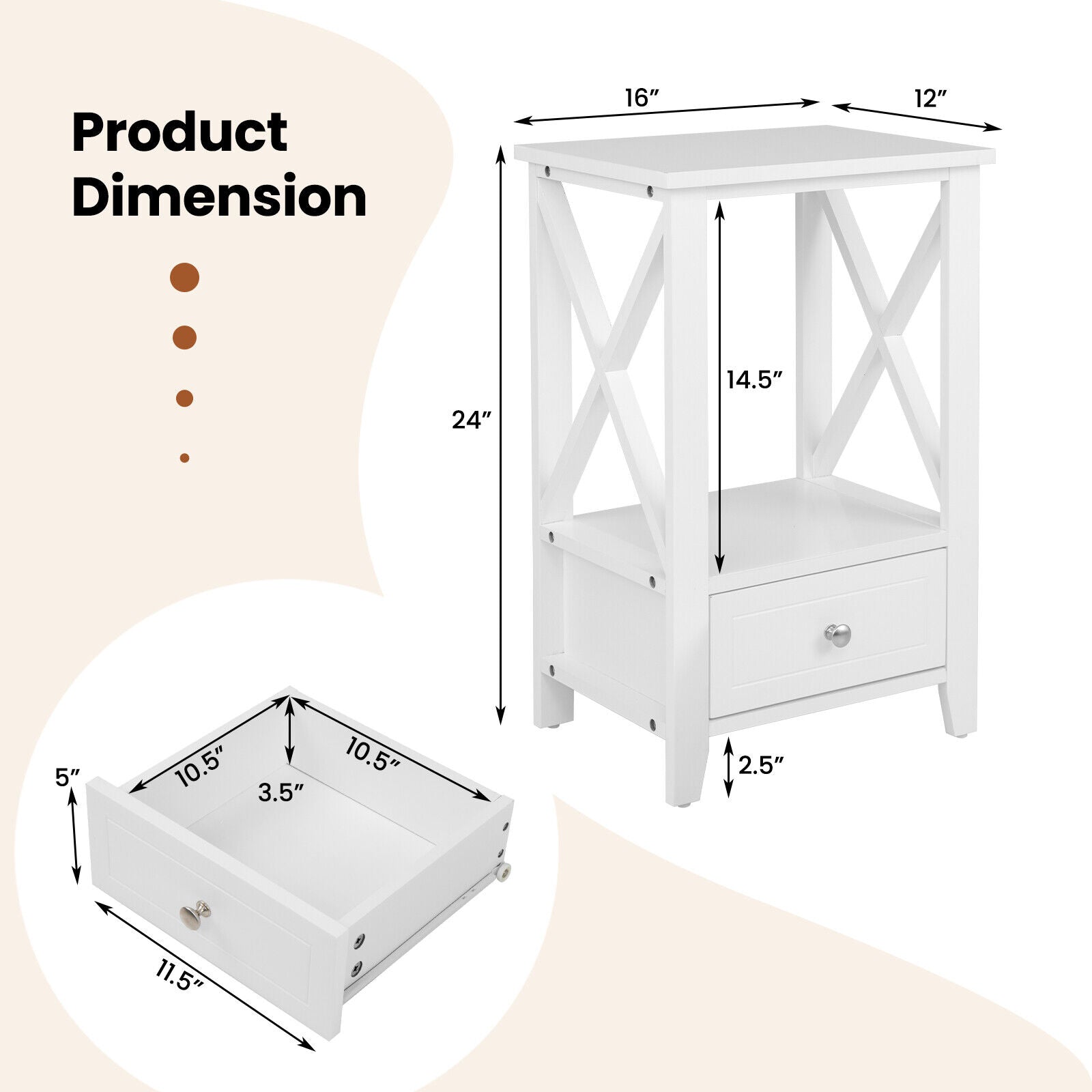 2-Tier 16 x 14 Inch Nightstand, Storage Drawer, White Nightstands at Gallery Canada
