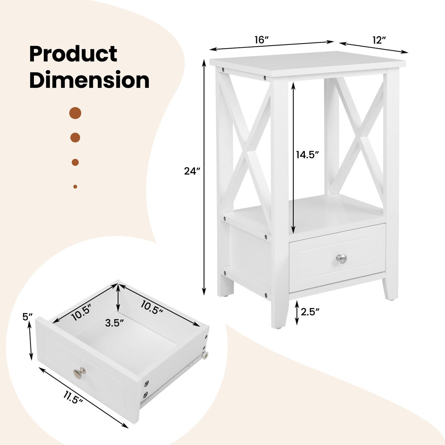 2-Tier 16 x 14 Inch Nightstand, Storage Drawer, White Nightstands at Gallery Canada