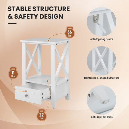 2-Tier 16 x 14 Inch Nightstand, Storage Drawer, White Nightstands at Gallery Canada