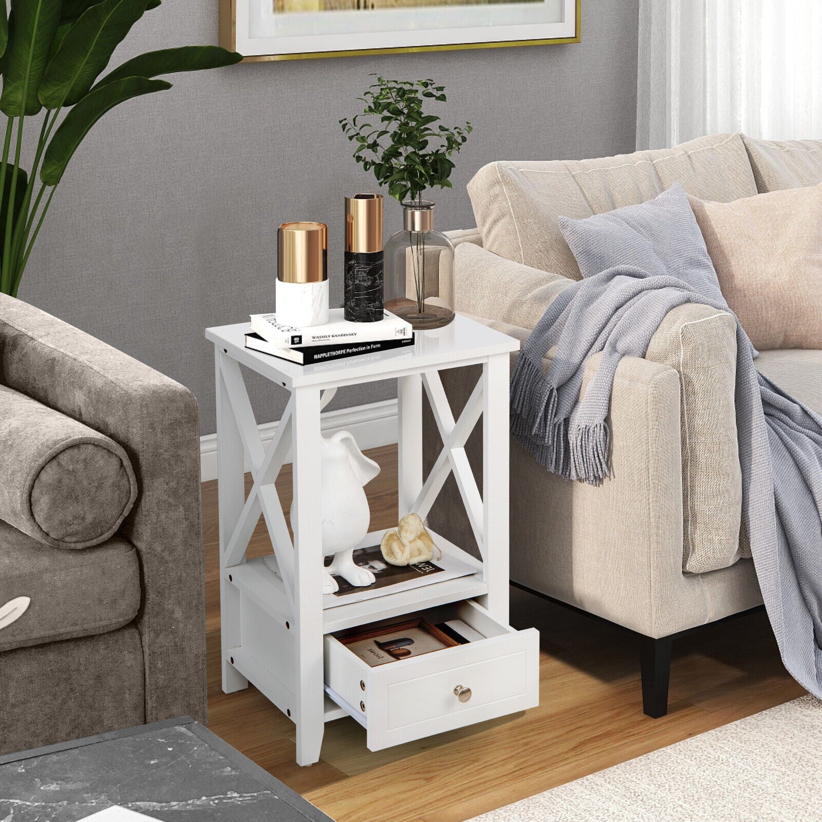 2-Tier 16 x 14 Inch Nightstand, Storage Drawer, White Nightstands at Gallery Canada