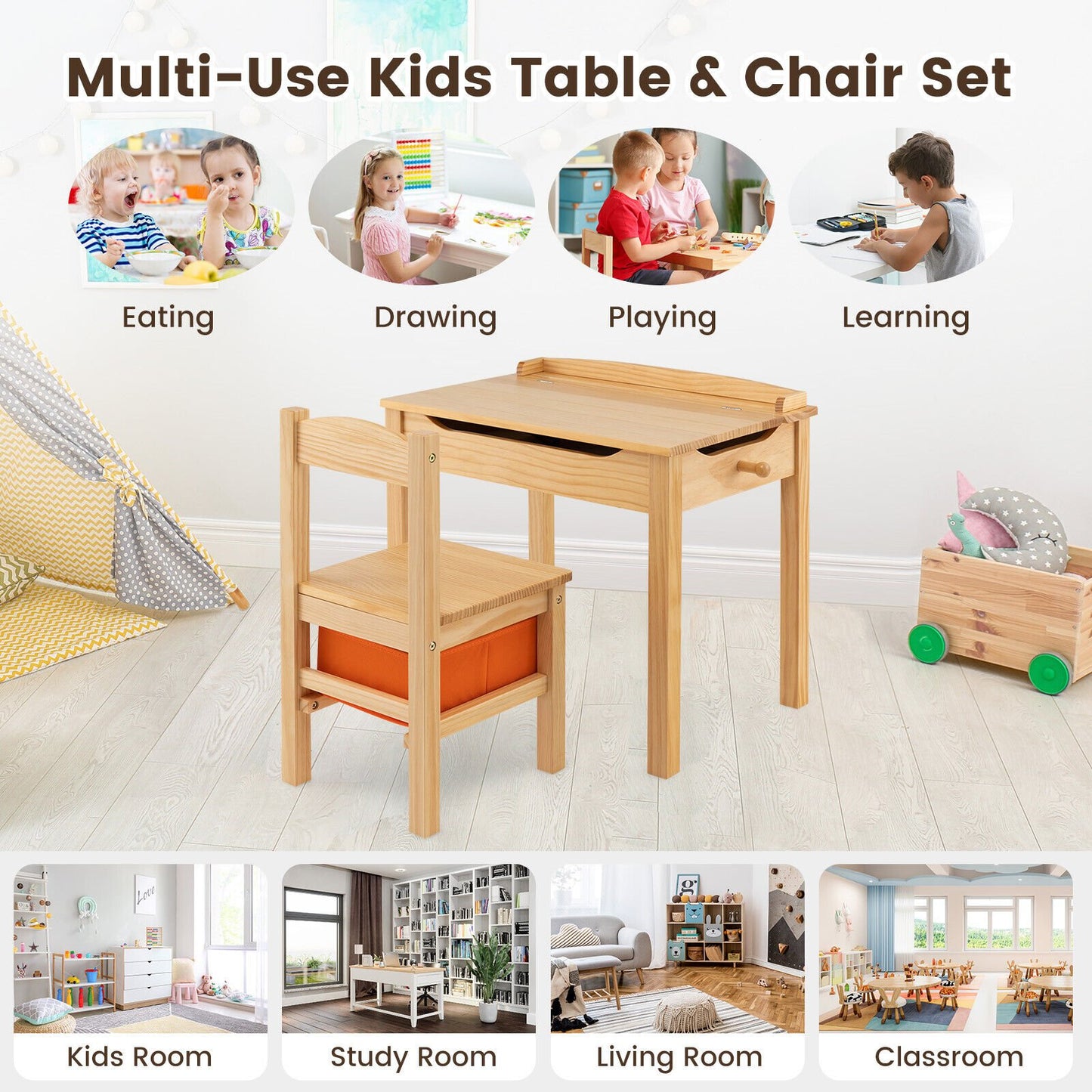 Wood Activity Kids Table and Chair Set with Storage Space, Natural - Gallery Canada