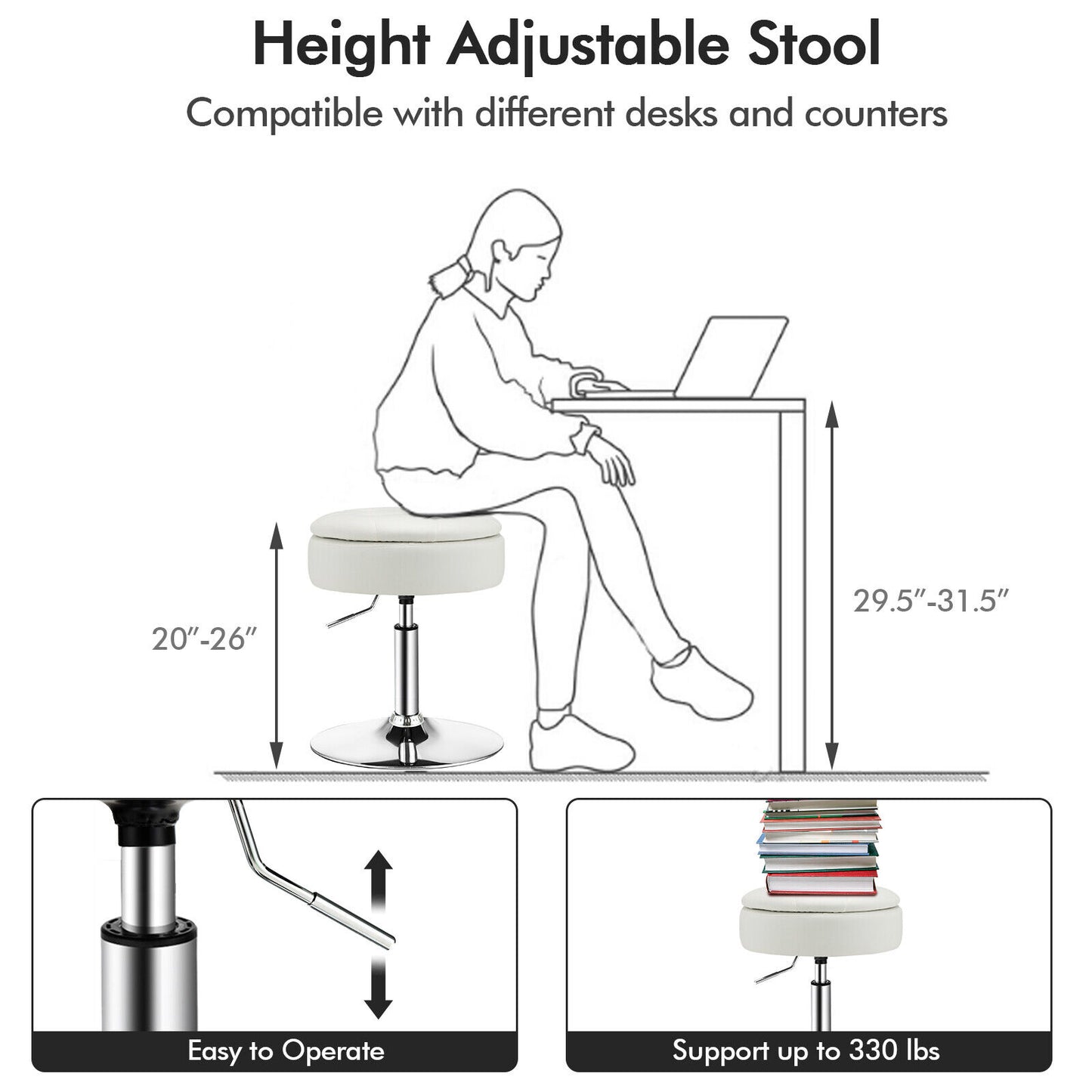 Adjustable 360° Swivel Vanity Stool With Removable Tray, White