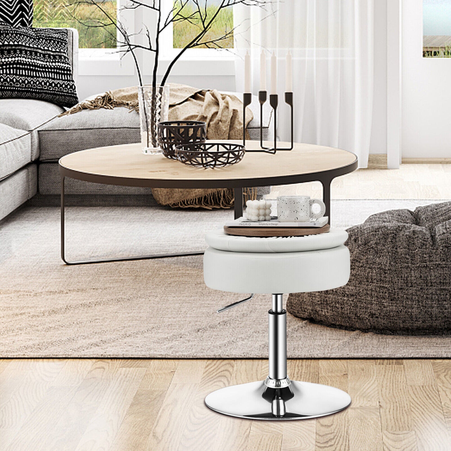 Adjustable 360° Swivel Vanity Stool With Removable Tray, White