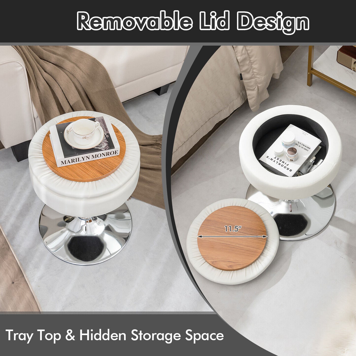 Adjustable 360° Swivel Vanity Stool With Removable Tray, White