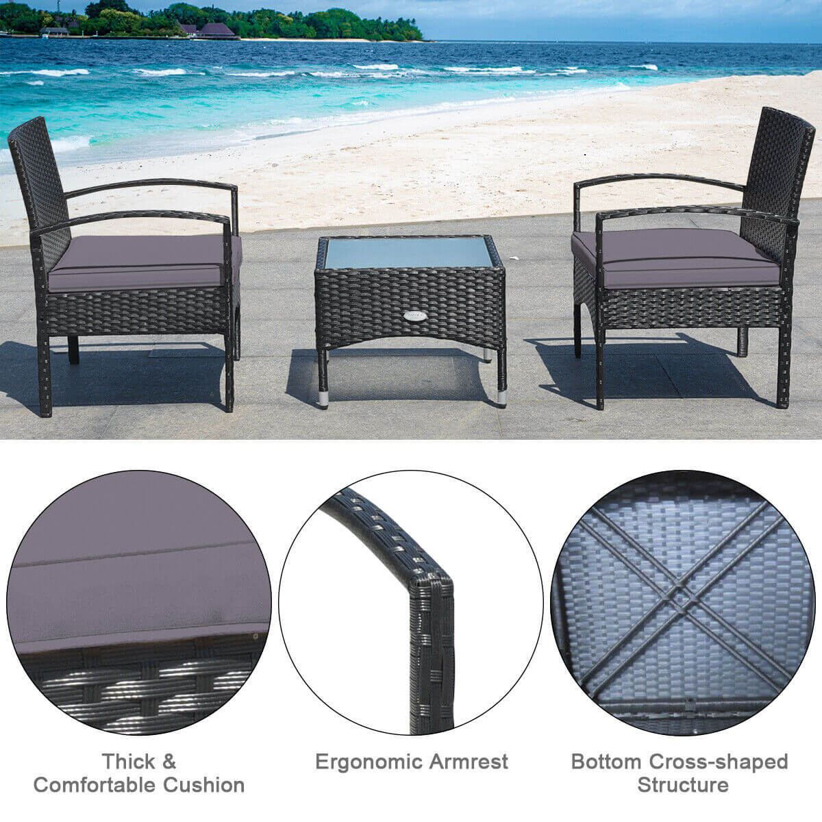 3 Pieces Patio Wicker Rattan Furniture Set with Cushion for Lawn Backyard, Gray Patio Conversation Sets at Gallery Canada