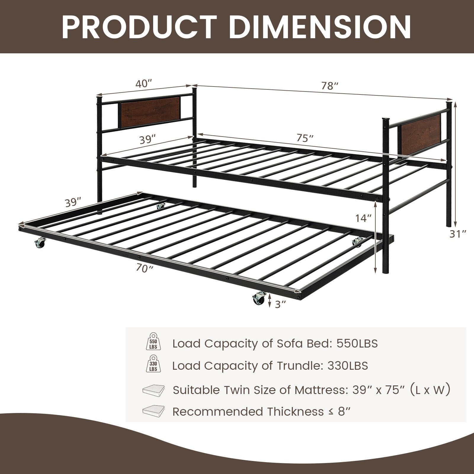 Twin Size 2-In-1 Daybed Frame with Pullout Trundle, Black - Gallery Canada