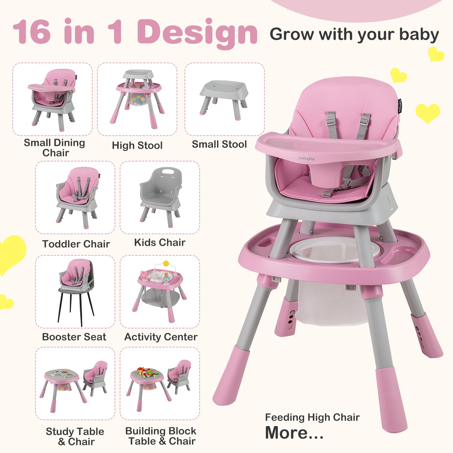16-in-1 Baby High Chair with Activity Center and Booster Seat for Babies and Toddlers, Pink High Chairs at Gallery Canada