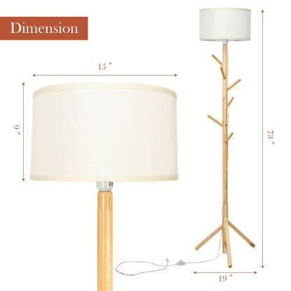 Multifunctional Wood Floor Light with 6 Hooks and E26 Lamp Holder, Golden at Gallery Canada