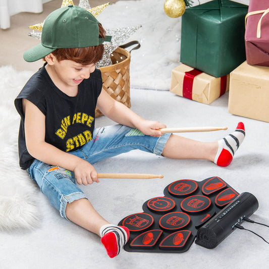 Electronic Drum Set with 2 Build-in Stereo Speakers for Kids, Red - Gallery Canada