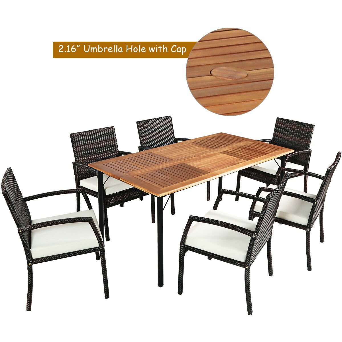 7Pcs Patio Rattan Cushioned Dining Set with Umbrella Hole-Warm White, White - Gallery Canada