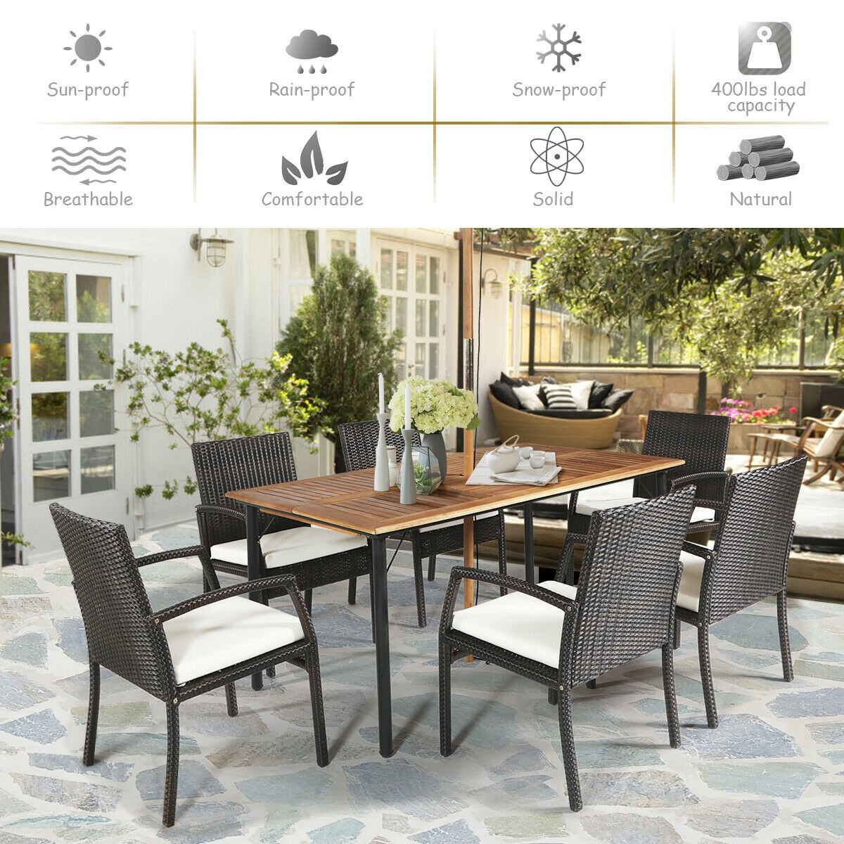 7Pcs Patio Rattan Cushioned Dining Set with Umbrella Hole-Warm White, White - Gallery Canada