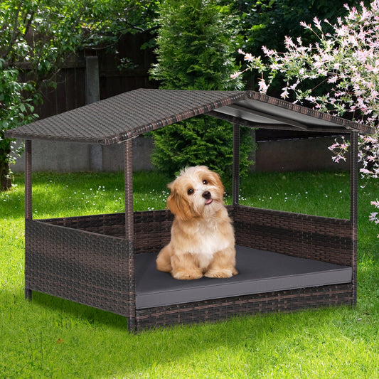 Outdoor Wicker Dog House with Weatherproof Roof-, Gray - Gallery Canada