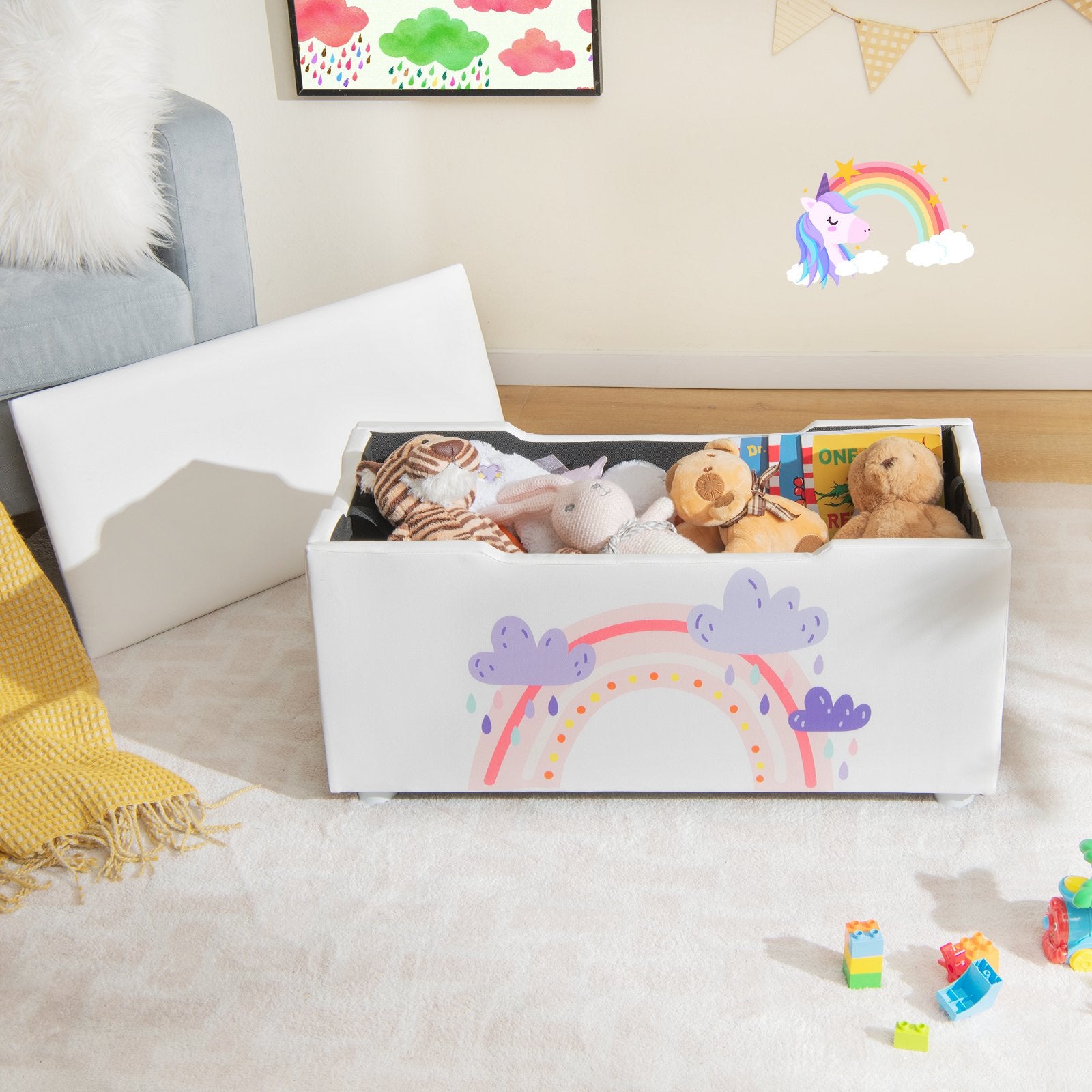 Kids Wooden Upholstered Toy Storage Box with Removable Lid, White - Gallery Canada