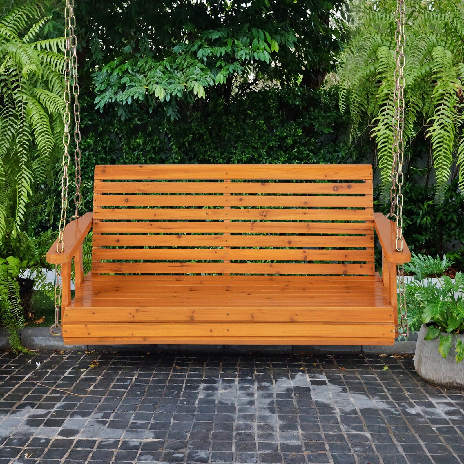 2-Person Wooden Porch Swing with Hanging Chains for Garden Yard, Orange Porch Swings at Gallery Canada