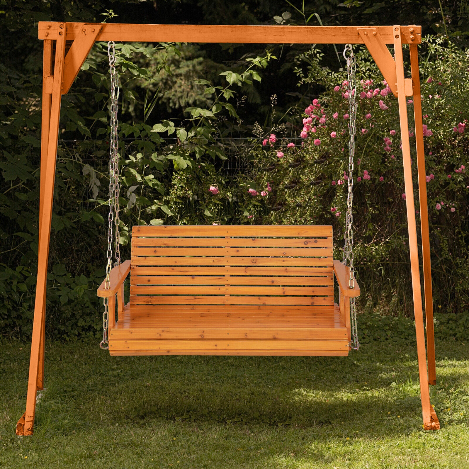2-Person Wooden Porch Swing with Hanging Chains for Garden Yard, Orange Porch Swings at Gallery Canada