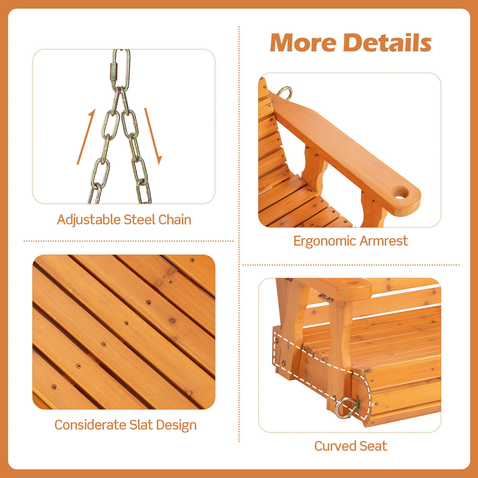 2-Person Wooden Porch Swing with Hanging Chains for Garden Yard, Orange Porch Swings at Gallery Canada