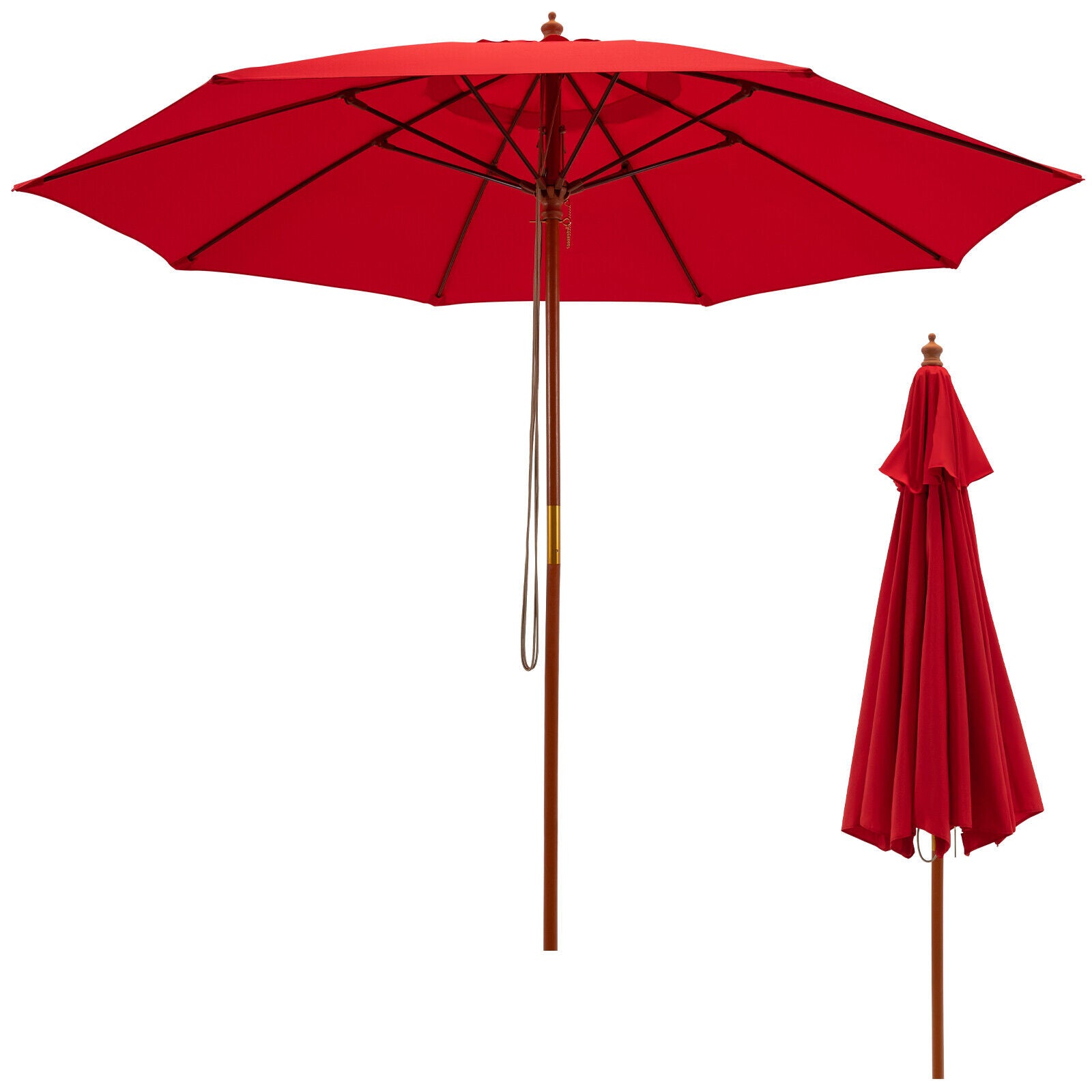 9.5 Feet Pulley Lift Round Patio Umbrella with Fiberglass Ribs, Red Outdoor Umbrellas at Gallery Canada