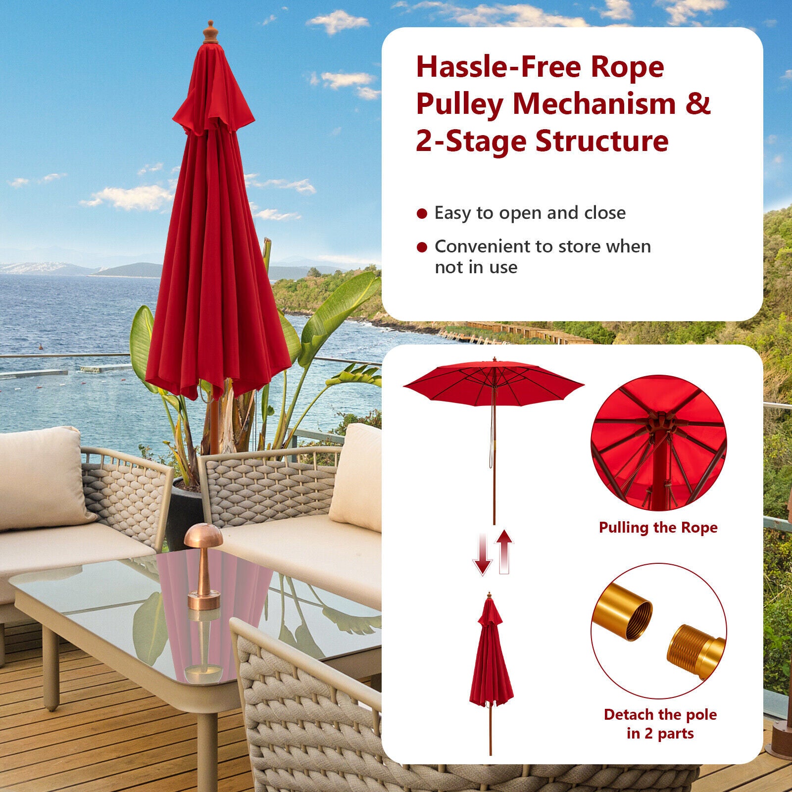 9.5 Feet Pulley Lift Round Patio Umbrella with Fiberglass Ribs, Red Outdoor Umbrellas at Gallery Canada