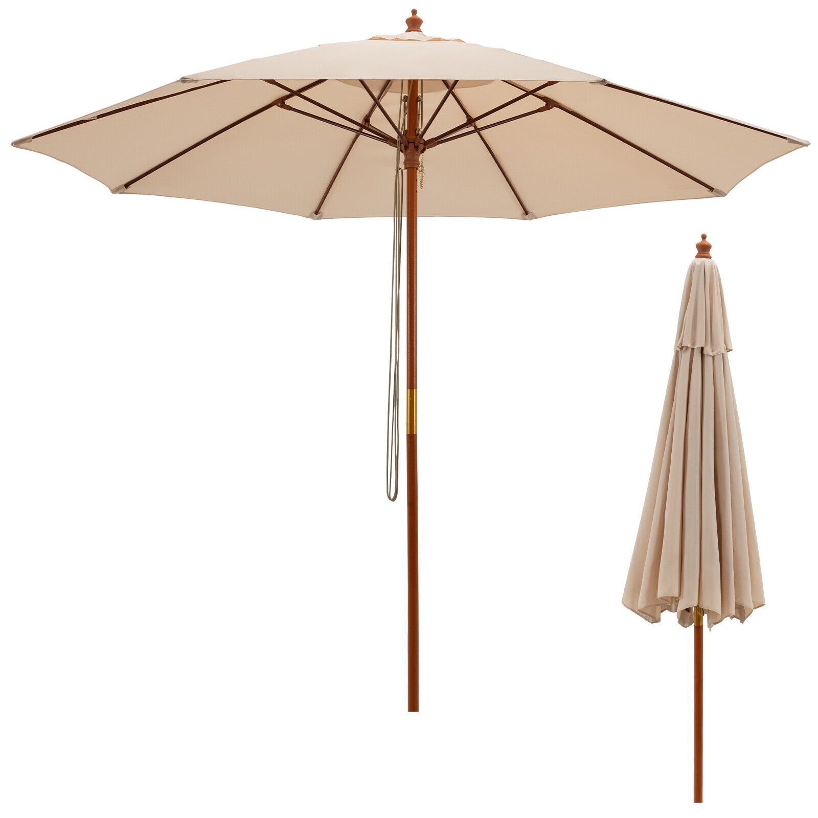 9.5 Feet Pulley Lift Round Patio Umbrella with Fiberglass Ribs, Beige - Gallery Canada