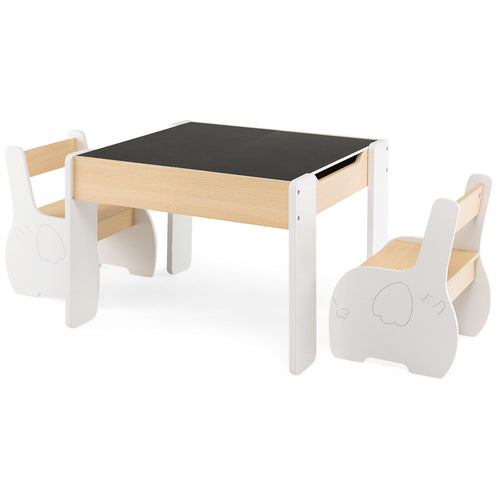 4-In-1 Wooden Kids Table And Chairs With Storage, Detachable Blackboard, White