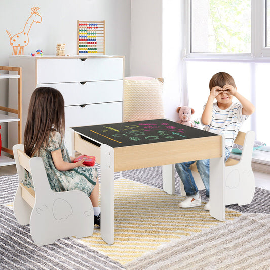 4-in-1 Wooden Activity Kids Table and Chairs with Storage and Detachable Blackboard, White - Gallery Canada