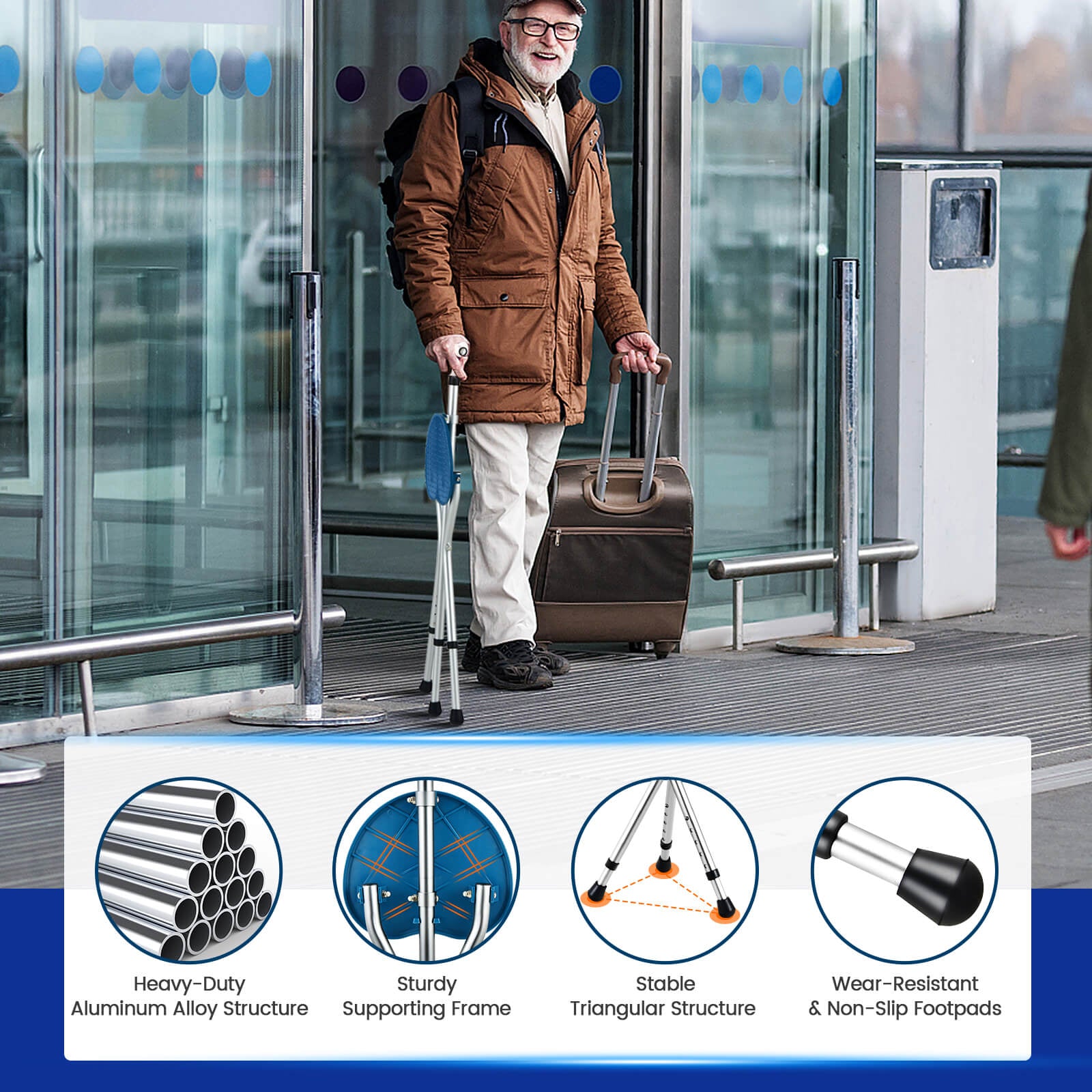 Lightweight Adjustable Folding Cane Seat with Light, Silver Walkers & Rollators at Gallery Canada