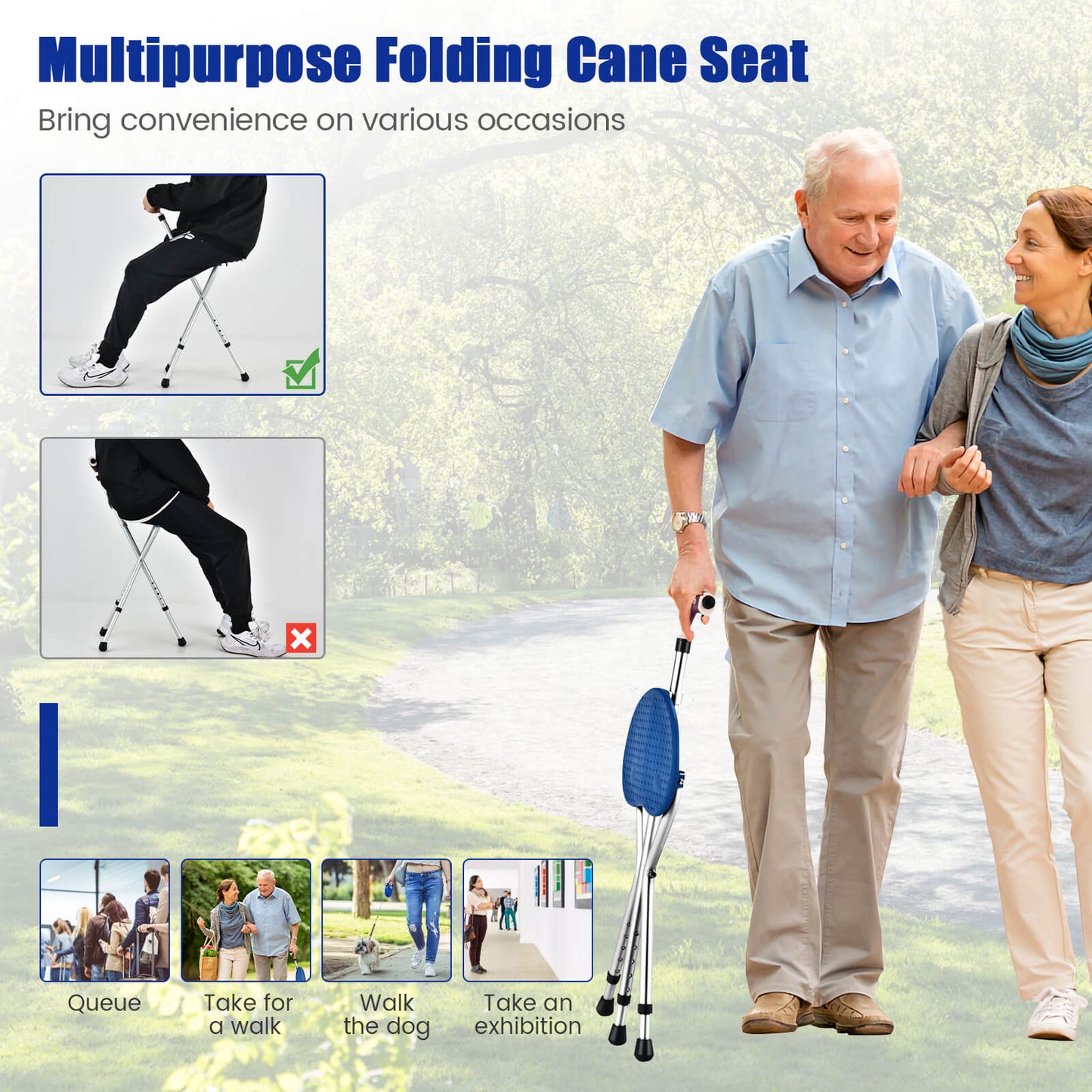 Lightweight Adjustable Folding Cane Seat with Light, Silver Walkers & Rollators at Gallery Canada