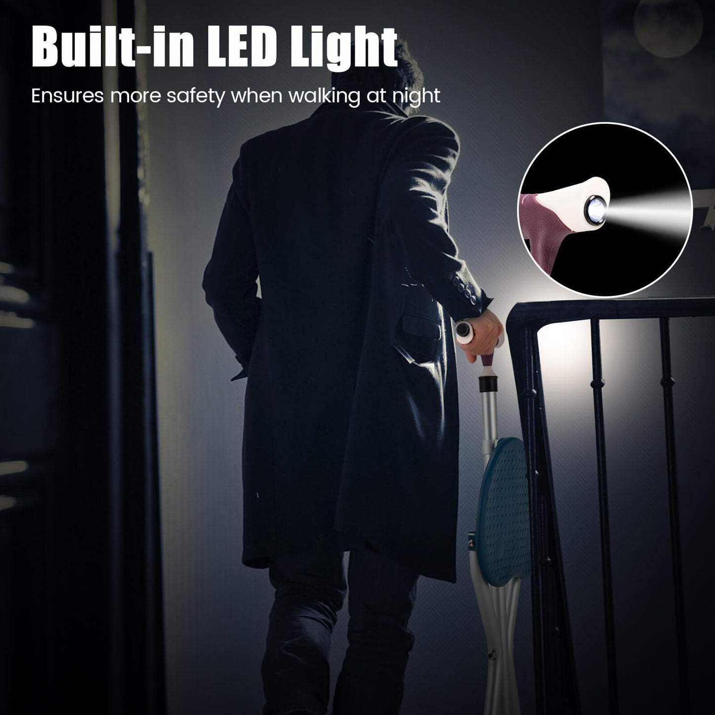 Lightweight Adjustable Folding Cane Seat with Light, Silver Walkers & Rollators at Gallery Canada