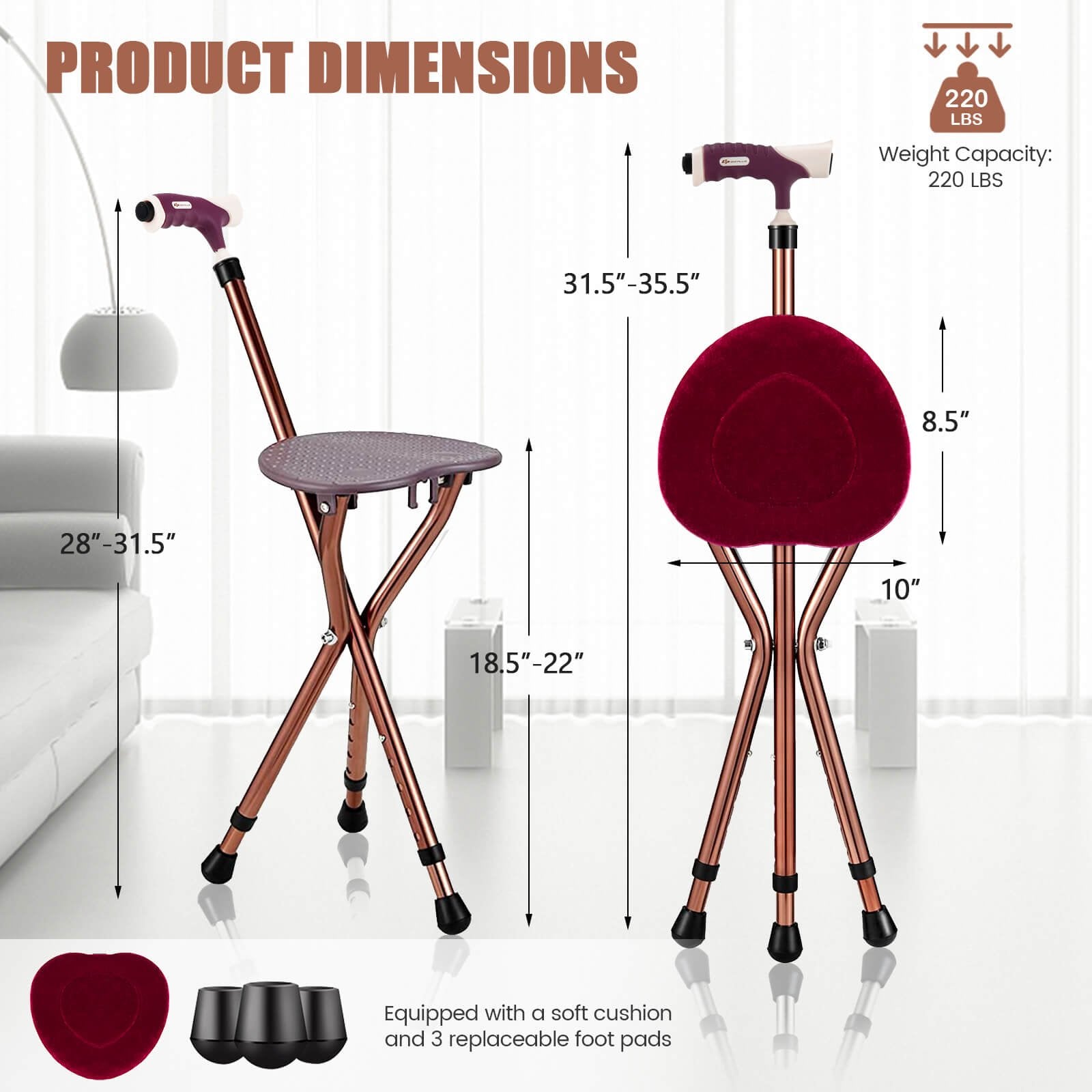 Lightweight Adjustable Folding Cane Seat with Light, Brown at Gallery Canada