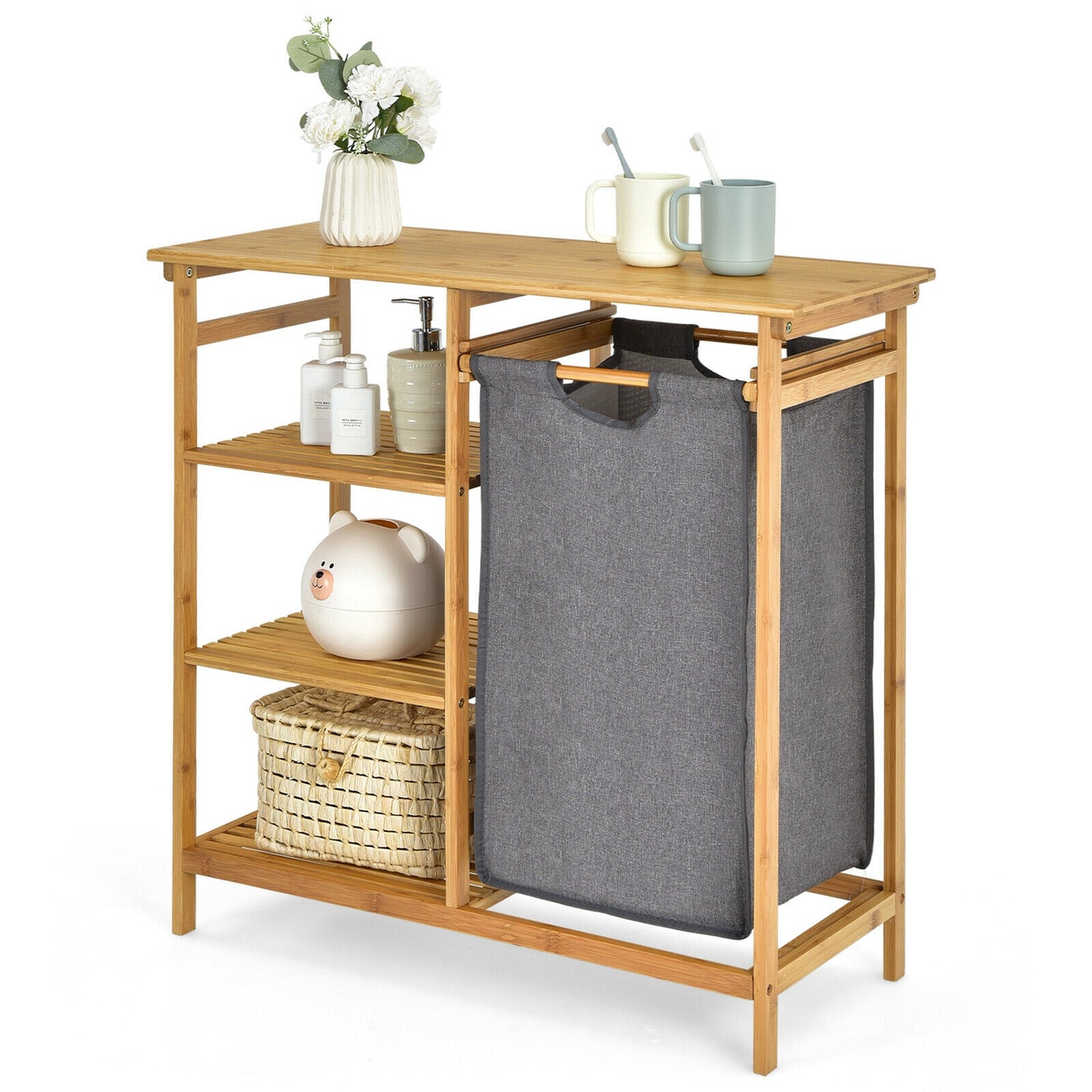 Bamboo Laundry Hamper Stand with Removable Sliding Bag and 3-Tier Open Shelves, Natural Floor Cabinets at Gallery Canada