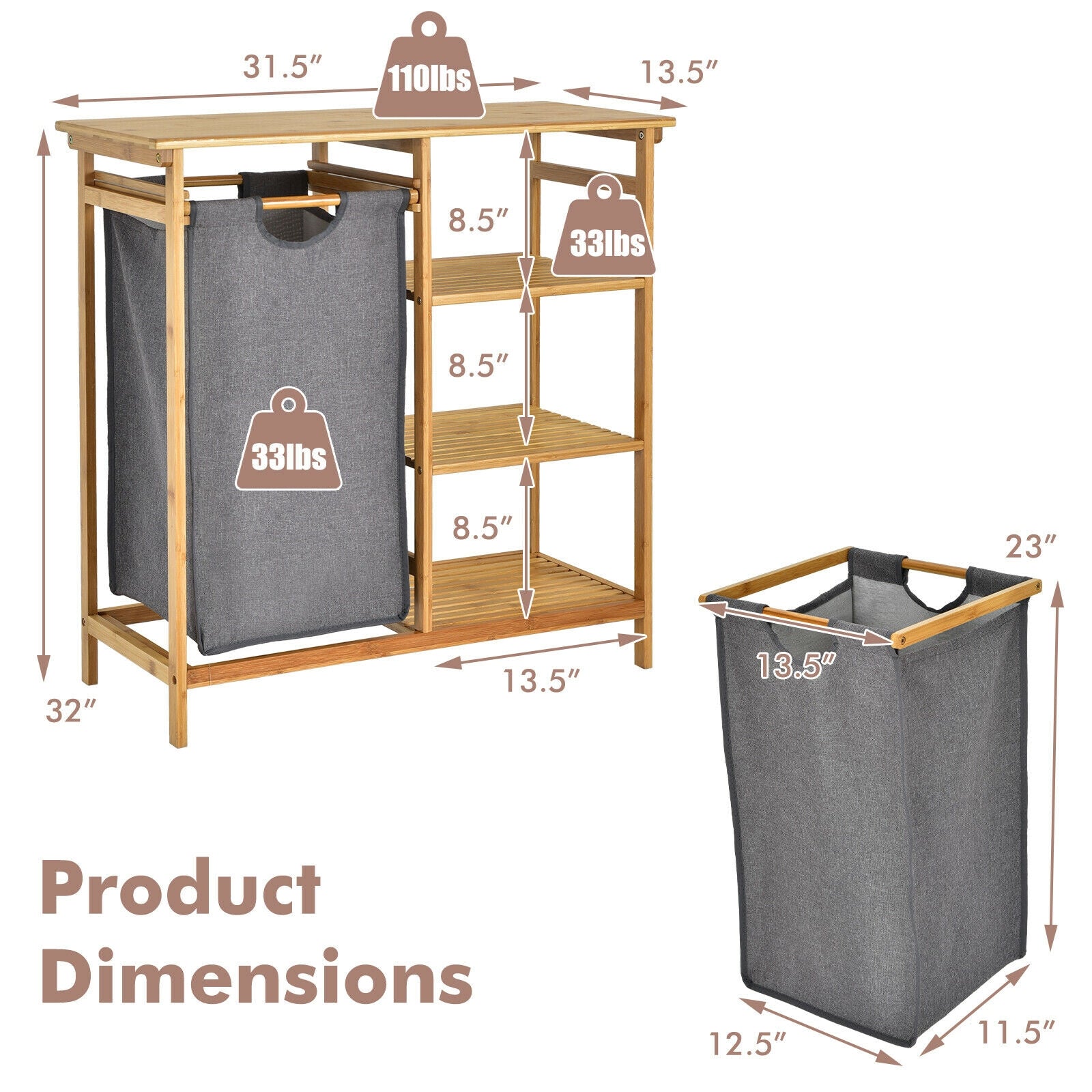 Bamboo Laundry Hamper Stand with Removable Sliding Bag and 3-Tier Open Shelves, Natural Floor Cabinets at Gallery Canada