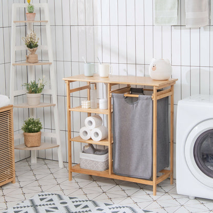 Bamboo Laundry Hamper Stand with Removable Sliding Bag and 3-Tier Open Shelves, Natural Floor Cabinets at Gallery Canada