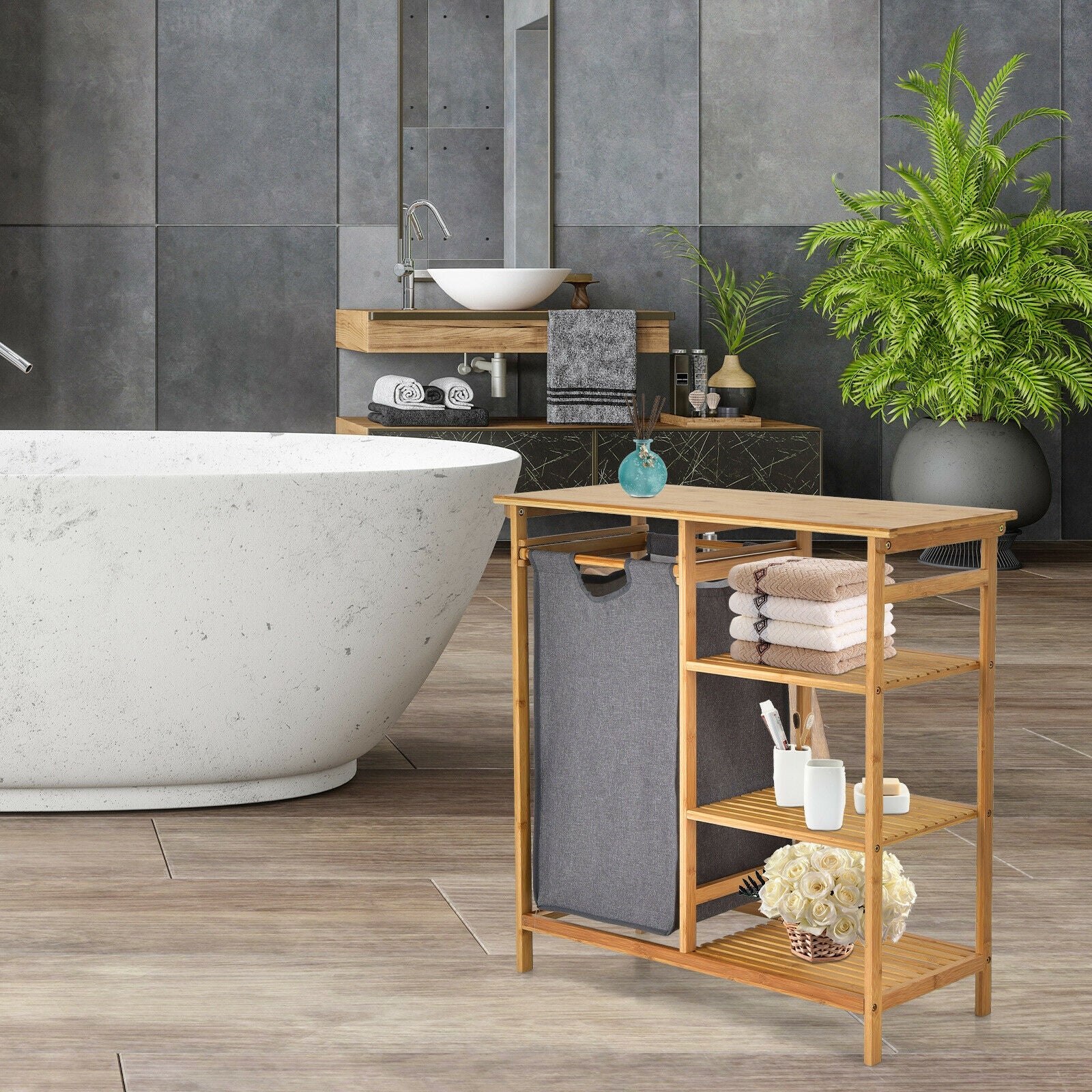 Bamboo Laundry Hamper Stand with Removable Sliding Bag and 3-Tier Open Shelves, Natural Floor Cabinets at Gallery Canada